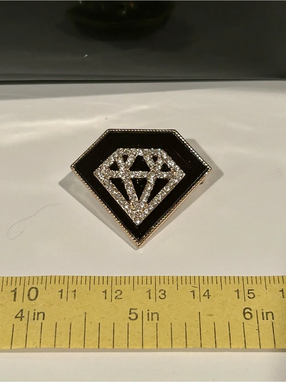 Black Enamel Rhinestone Diamond Brooch – Gold Tone Statement Pin Art Deco